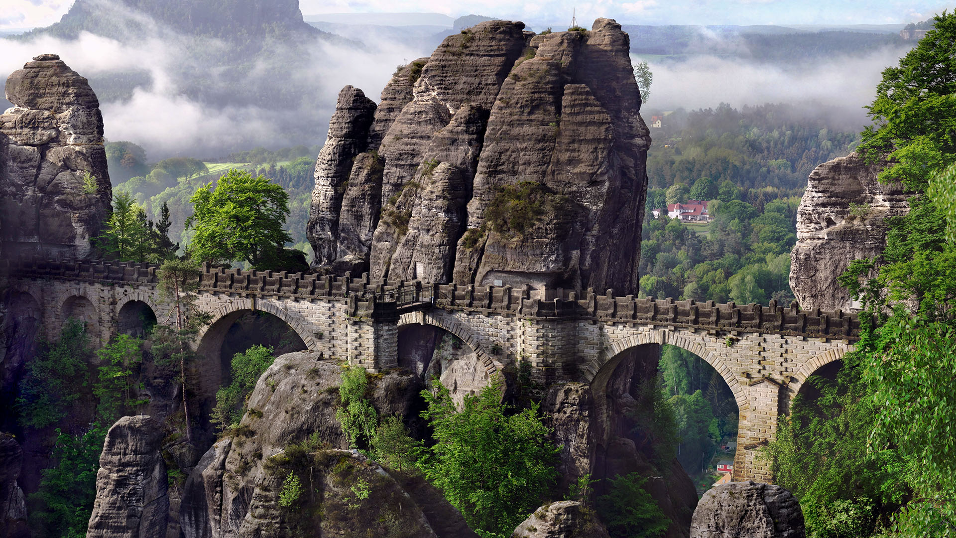 Foggy morning view of the Bastei Bridge